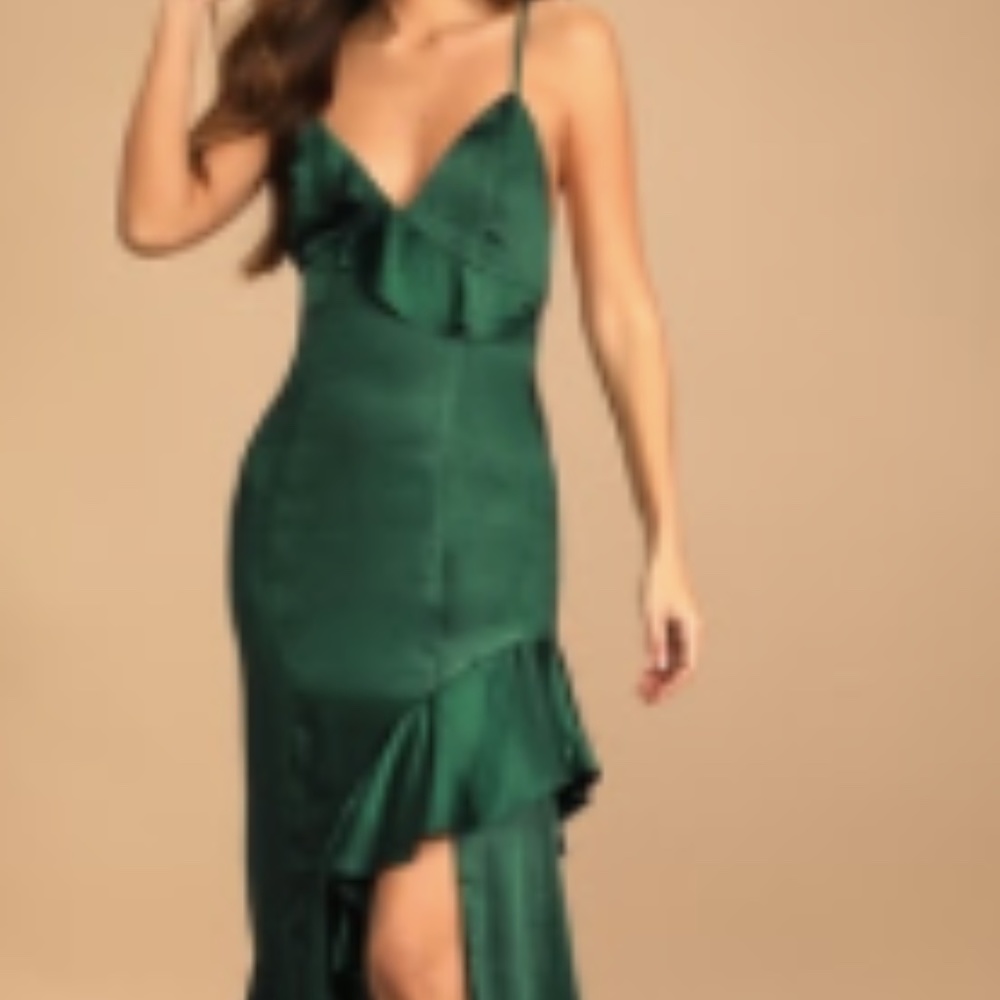 Lulus Lucky Lady Hunter Green Satin Ruffled Maxi Dress